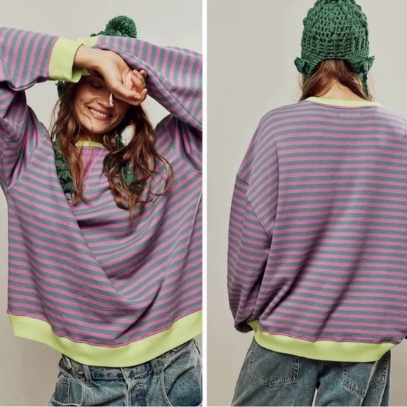 ▪️NWT Free People Oversized Classic Striped Pullover Sweatshirt Pink Combo - Picture 2 of 7